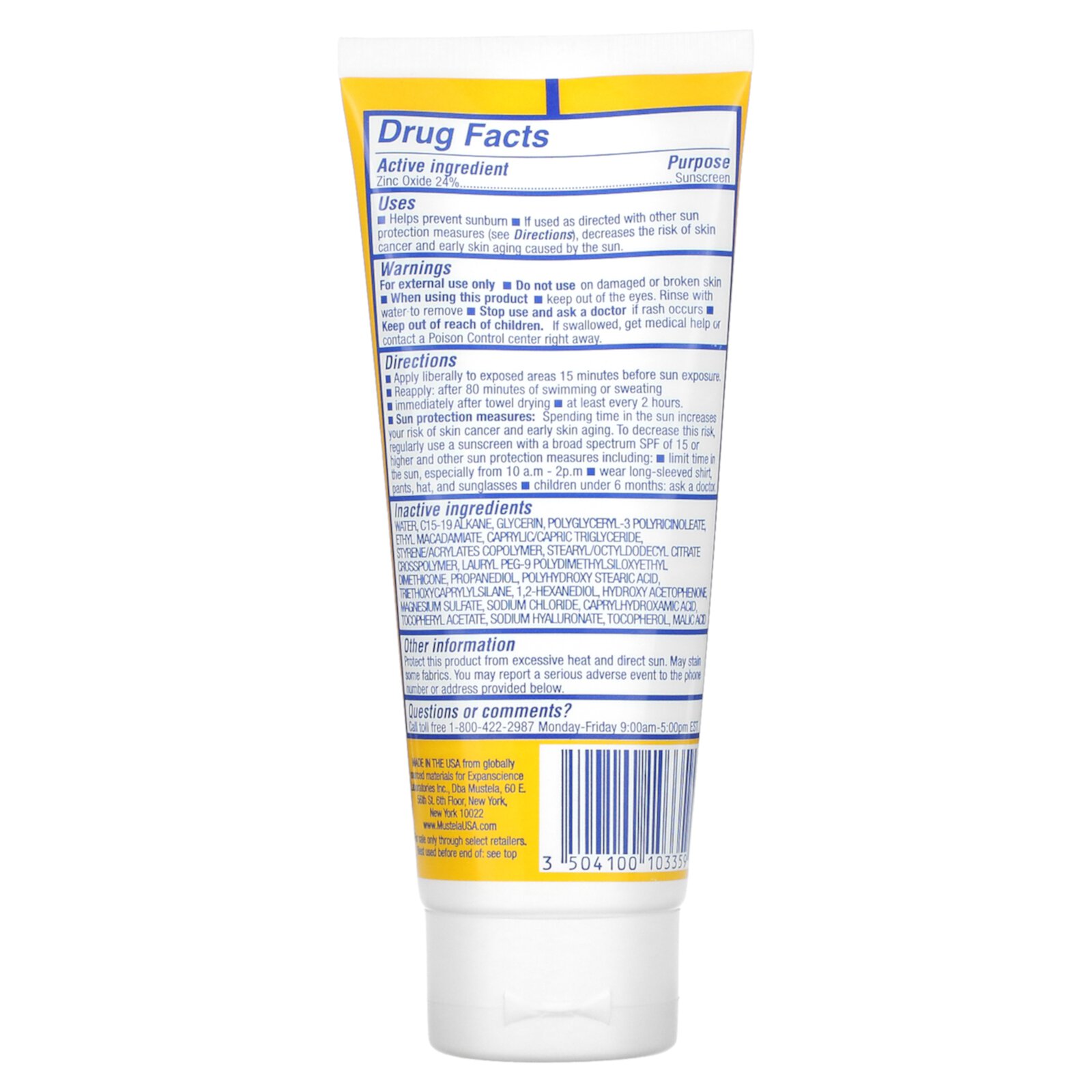 Baby, Mineral Sunscreen, Face + Body, SPF 50, 3.38 fl oz (100 ml), Mustela Mustela