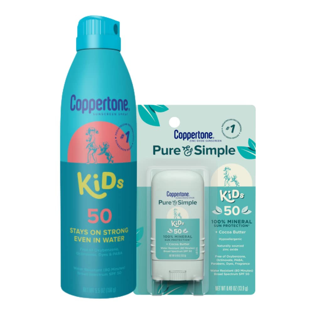 Coppertone Kids Sunscreen Pack, Water Resistant Sunscreen for Kids, Coppertone Kids Sunscreen Spray SPF 50, 5 Oz Can + Coppertone Pure and Simple Kids Mineral Sunscreen Stick SPF 50, 0.49 Oz C27 Coppertone