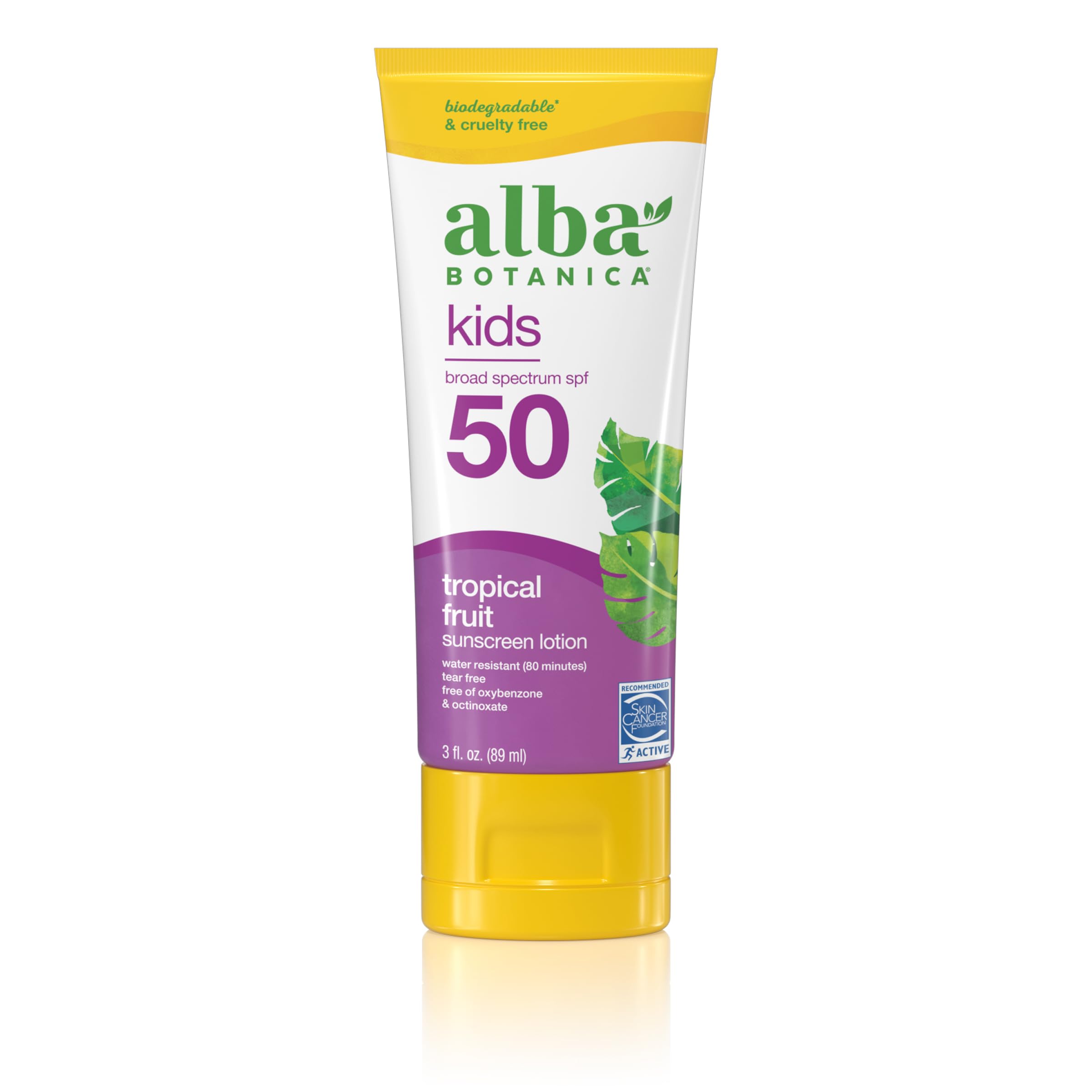 Alba Botanica Kids Sunscreen for Face and Body, Tropical Fruit Sunscreen Lotion for Kids, Broad Spectrum SPF 50, Water Resistant and Hypoallergenic, 3 fl. oz. Bottle C24 Alba Botanica