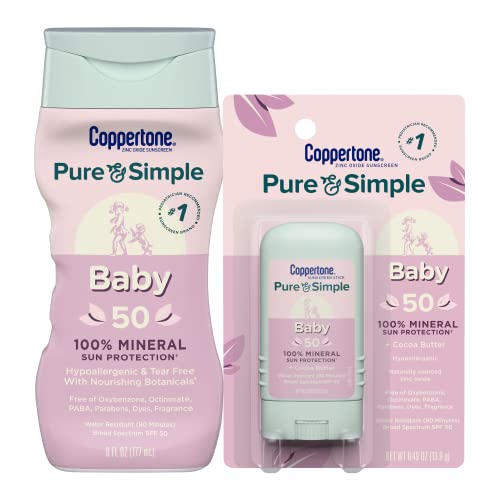 Coppertone Pure and Simple Baby Sunscreen Lotion SPF 50, Broad Spectrum Sunscreen for Baby + 6 Fl Oz Bottle and Pure and Simple Baby Sunscreen Stick, 0.49 Oz Bundle Coppertone