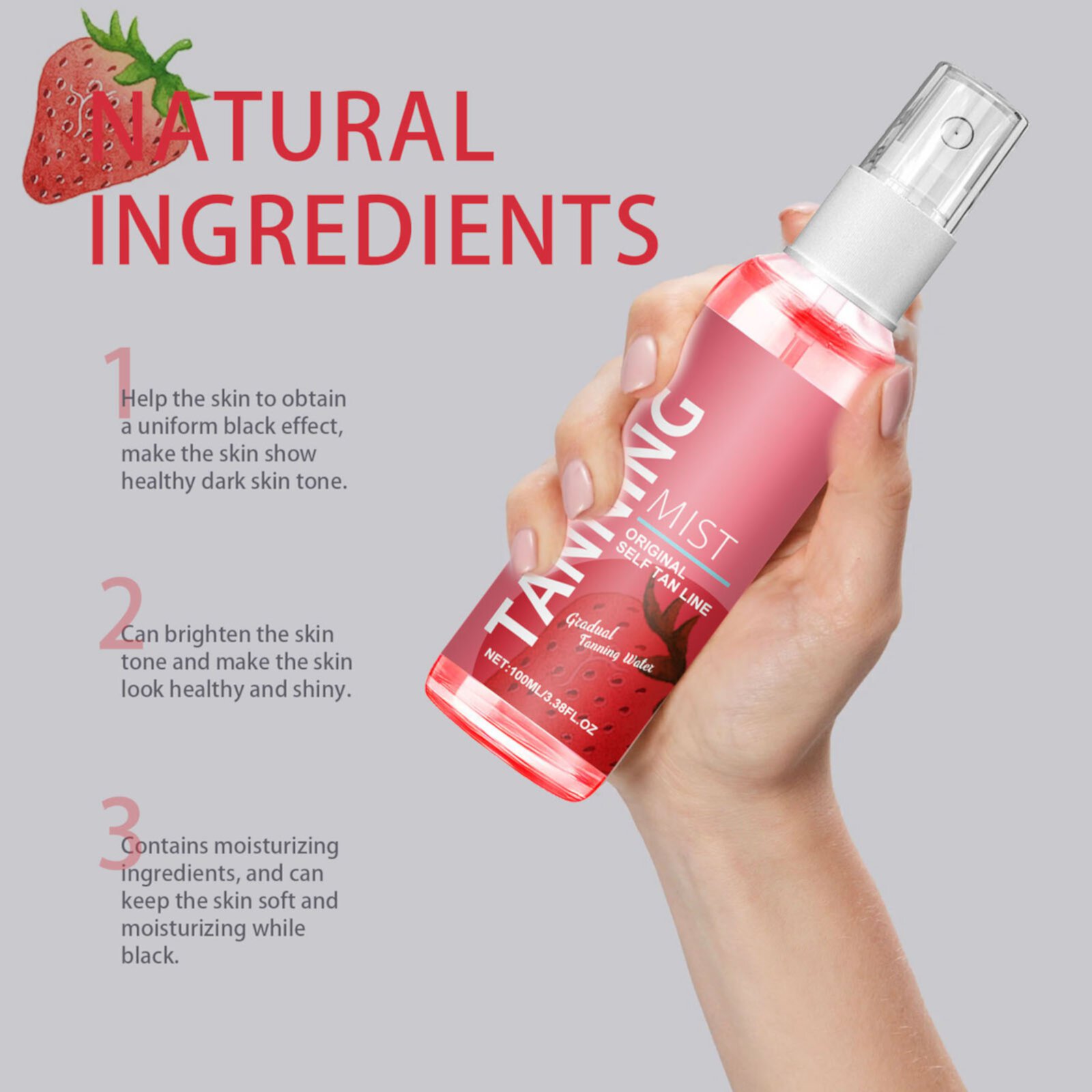 Strawberry Tanning Mist Self Tanner Face Mist with Hyaluronic and Vitamin B, Sunless Tanning Spray Face and Body Gradual Self Tanning Water Sunless Tanning without Orange Tones, Vegan and Cruelty Free FSTDelivery