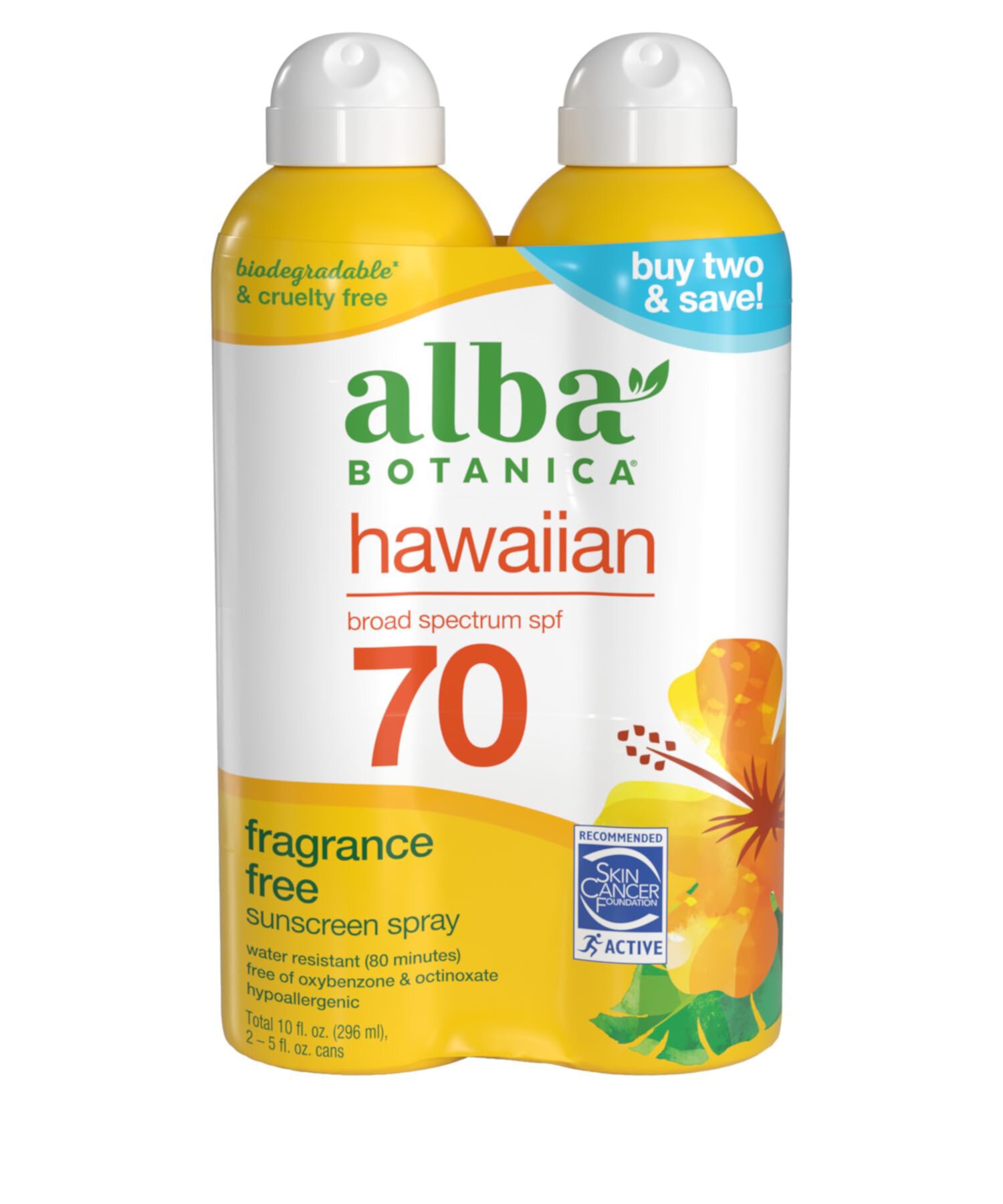 Alba Botanica Hawaiian Coconut Sunscreen, Spray Broad Spectrum SPF 70 Sunscreen, Water Resistant and Biodegradable 5 fl oz Bottle (Pack of 2) 5 Fl Oz (Pack of 2) Alba Botanica