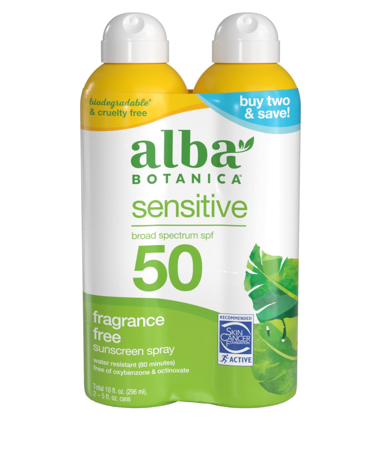 Alba Botanica Sensitive Sunscreen Spray for Face and Body, Fragrance-Free, Broad Spectrum SPF 50, Water Resistant, 5 fl oz Bottle Pack of 2 Alba Botanica