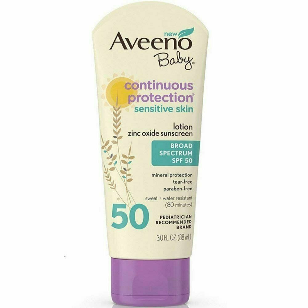 AVEENO Baby Continuous Protection Sensitive Skin Lotion Zinc Oxide Sunscreen SPF 50 3 oz (Pack of 3) Aveeno