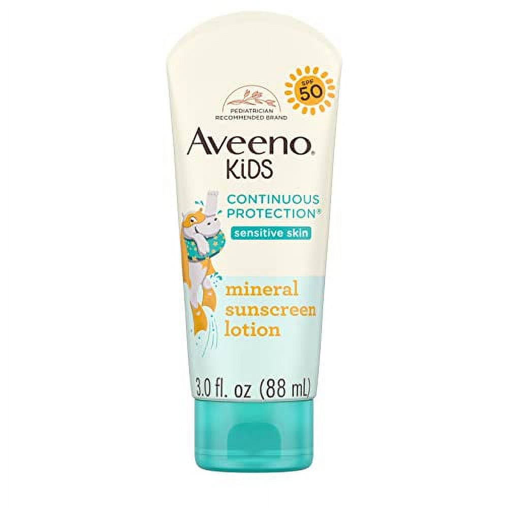 Aveeno Kids Continuous Protection Zinc Oxide Mineral Sunscreen Lotion for Children's Sensitive Skin with Broad Spectrum SPF 50, Tear-Free, Sweat- & Water-Resistant, Non-Greasy, 3 fl. oz Aveeno