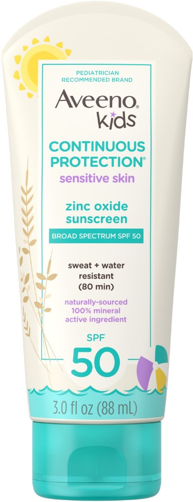 AVEENO Kids Continuous Protection Zinc Oxide Mineral Sunscreen Lotion for Children�s Sensitive Skin SPF 50 3 oz (Pack of 3) Aveeno