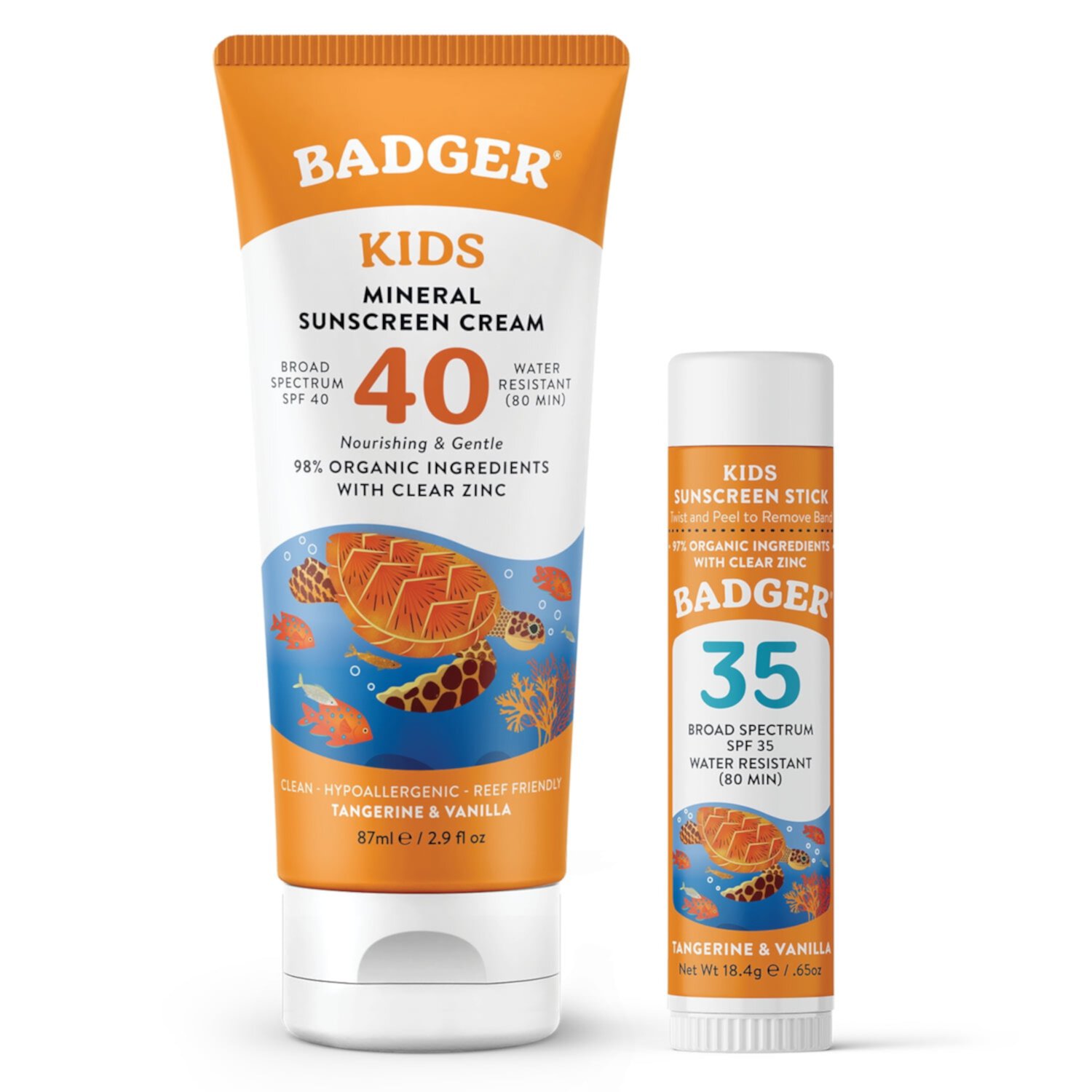 Badger Combo de Protector Solar Mineral para Niños, Crema SPF 40 y Barra Facial SPF 35, Seguro para Arrecifes de Amplio Espectro Resistente Al Agua con Óxido de Zinc, Mandarina y Vainilla - Pack de 2 Badger