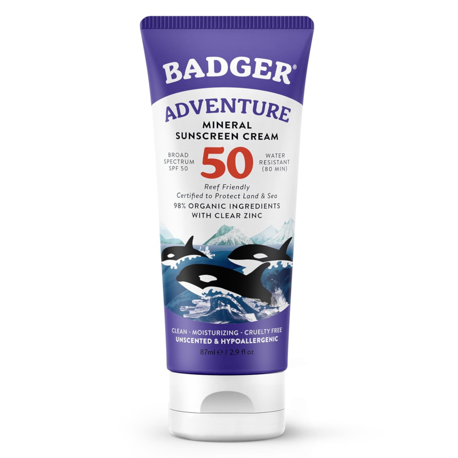 Badger Mineral Sunscreen SPF 50 Zinc Oxide Sunscreen with 98% Organic Ingredients, Reef-Safe, Broad-Spectrum, Hypoallergenic, Water Resistant, Unscented Adventure Sport Sunscreen 2.9 fl oz Badger