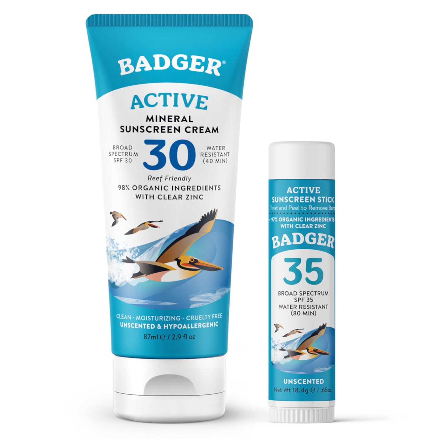 Badger Mineral Sunscreen Combo, SPF 30 Cream & SPF 35 Face Stick, Organic Reef Safe Broad Spectrum Water Resistant with Zinc Oxide, Unscented - 2 pack Badger