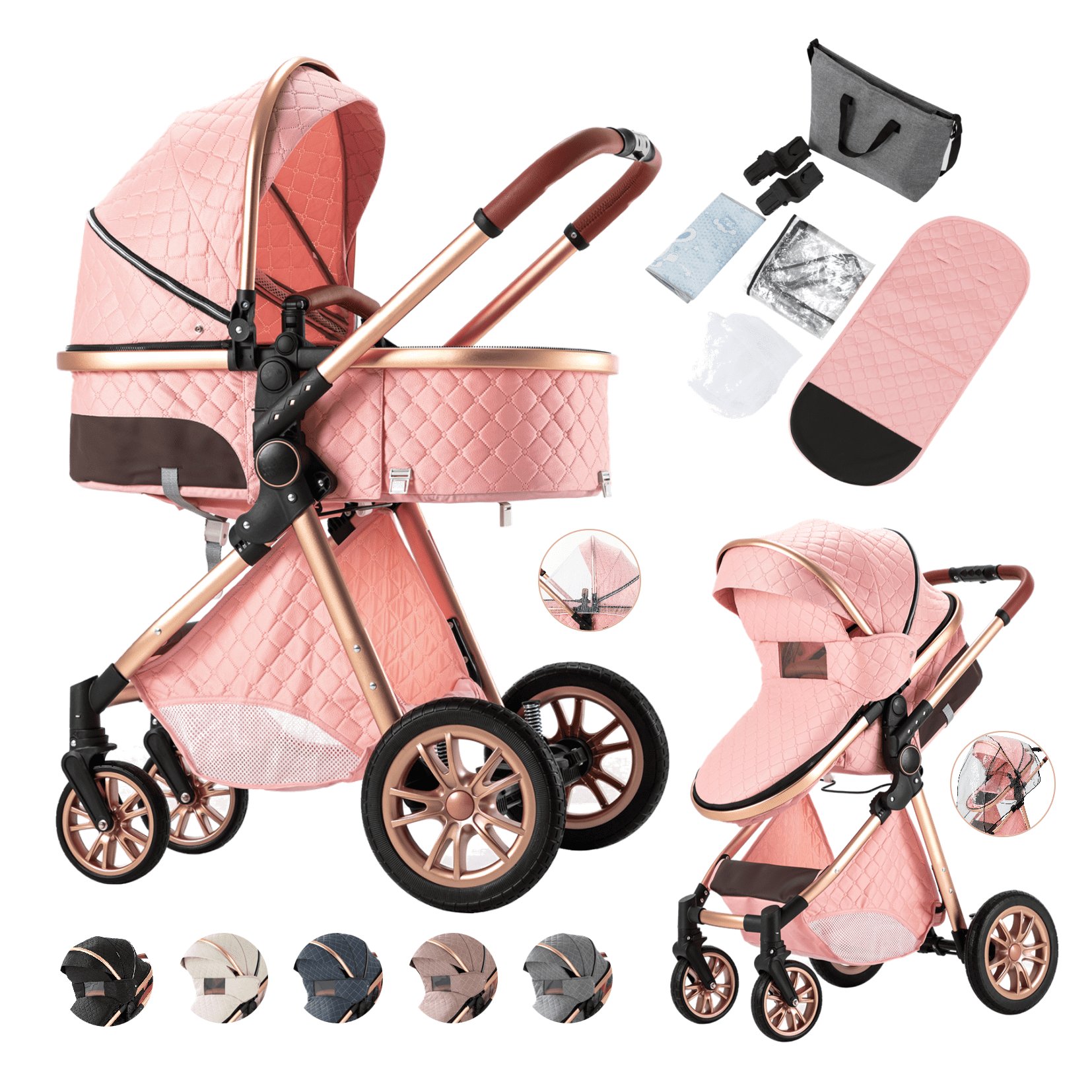 Magic ZC 2-in-1 Baby Stroller Travel Systems,High Landscape Pram with Reversible Bassinet for 0-36 Months,Unisex,Pink Magic ZC