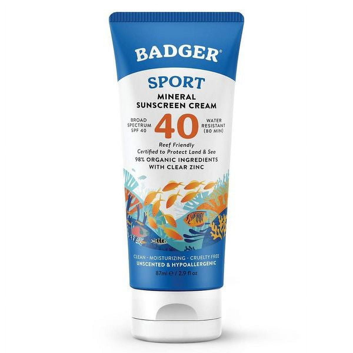 Badger SPF 40 Sport Mineral Sunscreen Cream w/Zinc Oxide 2.9 oz Tube Badger