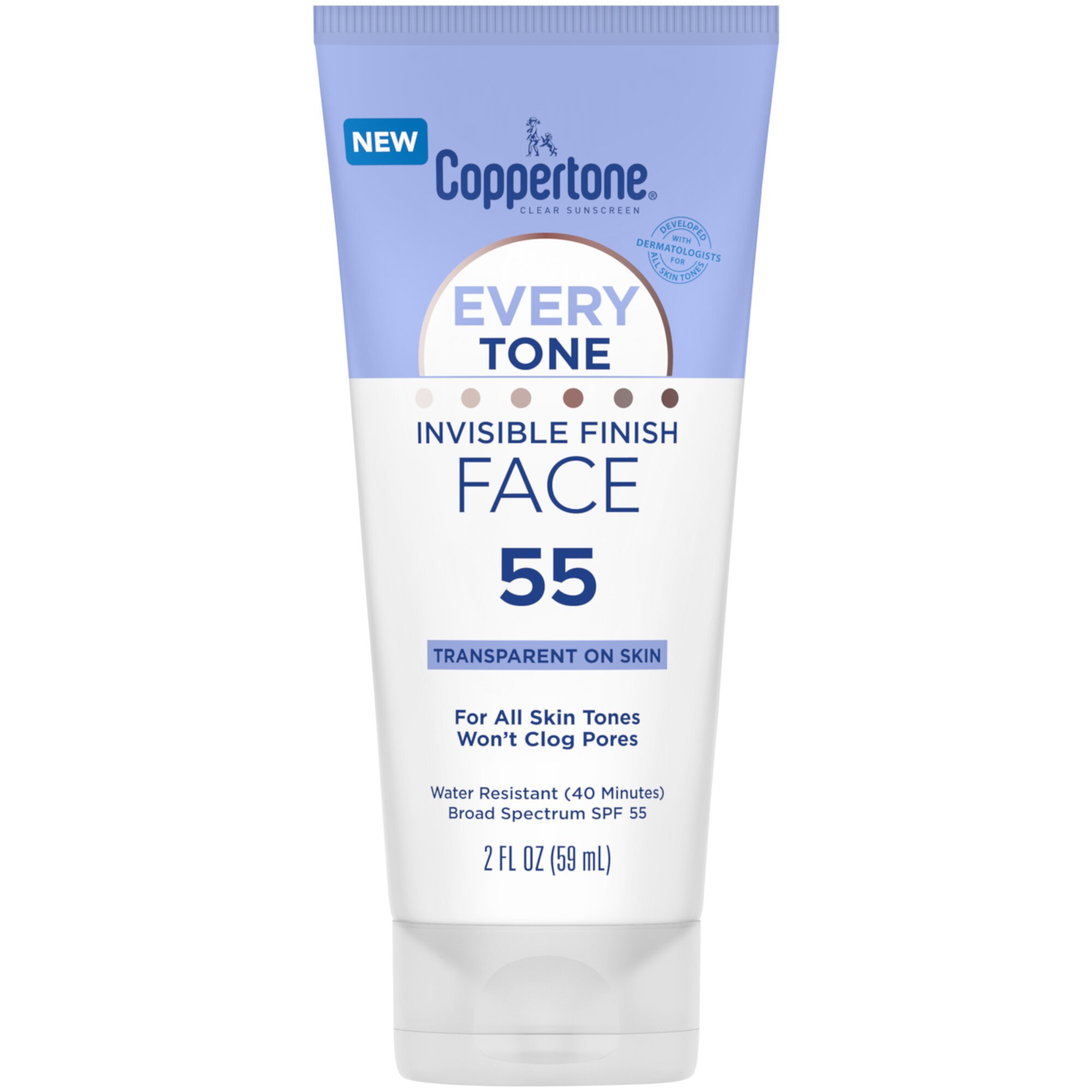 Coppertone Every Tone Invisible Finish Face Sunscreen Lotion, SPF 55, 2 fl oz Tube Coppertone