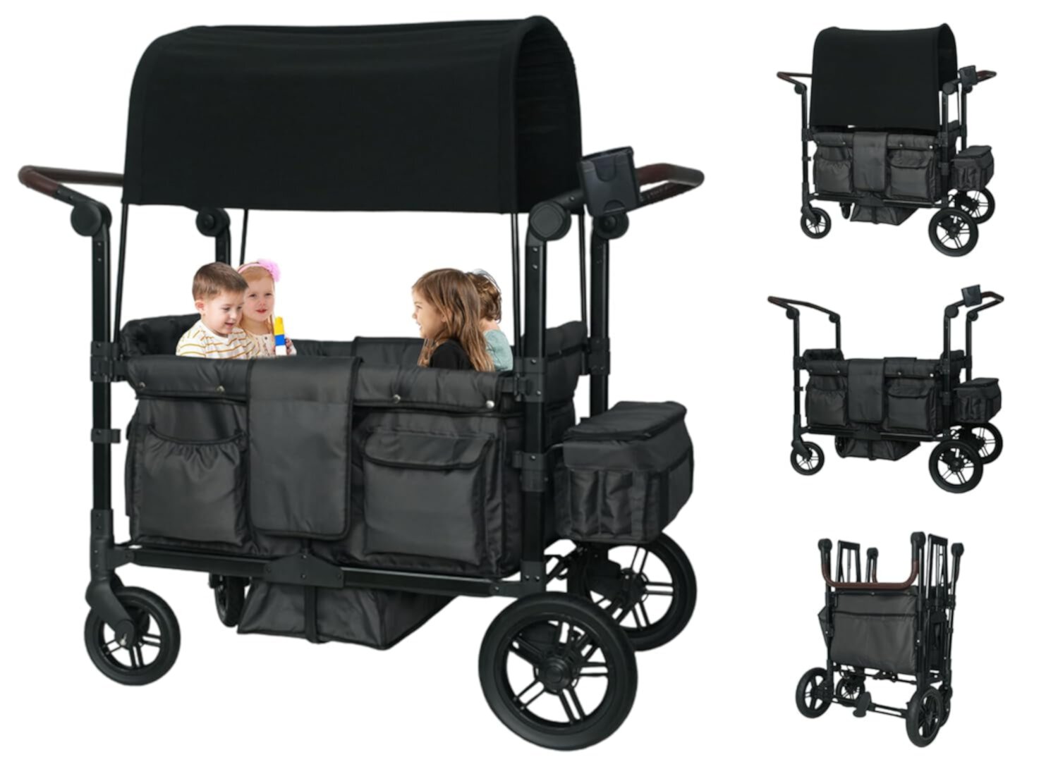 Linor Stroller Wagon for 2 Kids with Adjustable Canopy, 5-Point Harnesses, Foldable Push Bar, Black Linor