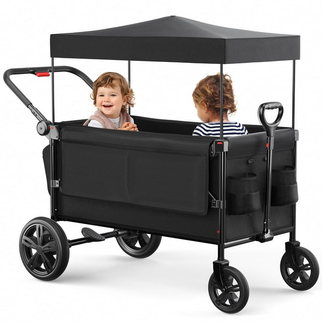 SACVON All-Terrain Stroller Wagon for Toddlers with Canopy, Parent Organizer, Adjustable Handlebar, 2 Cup Holders SACVON