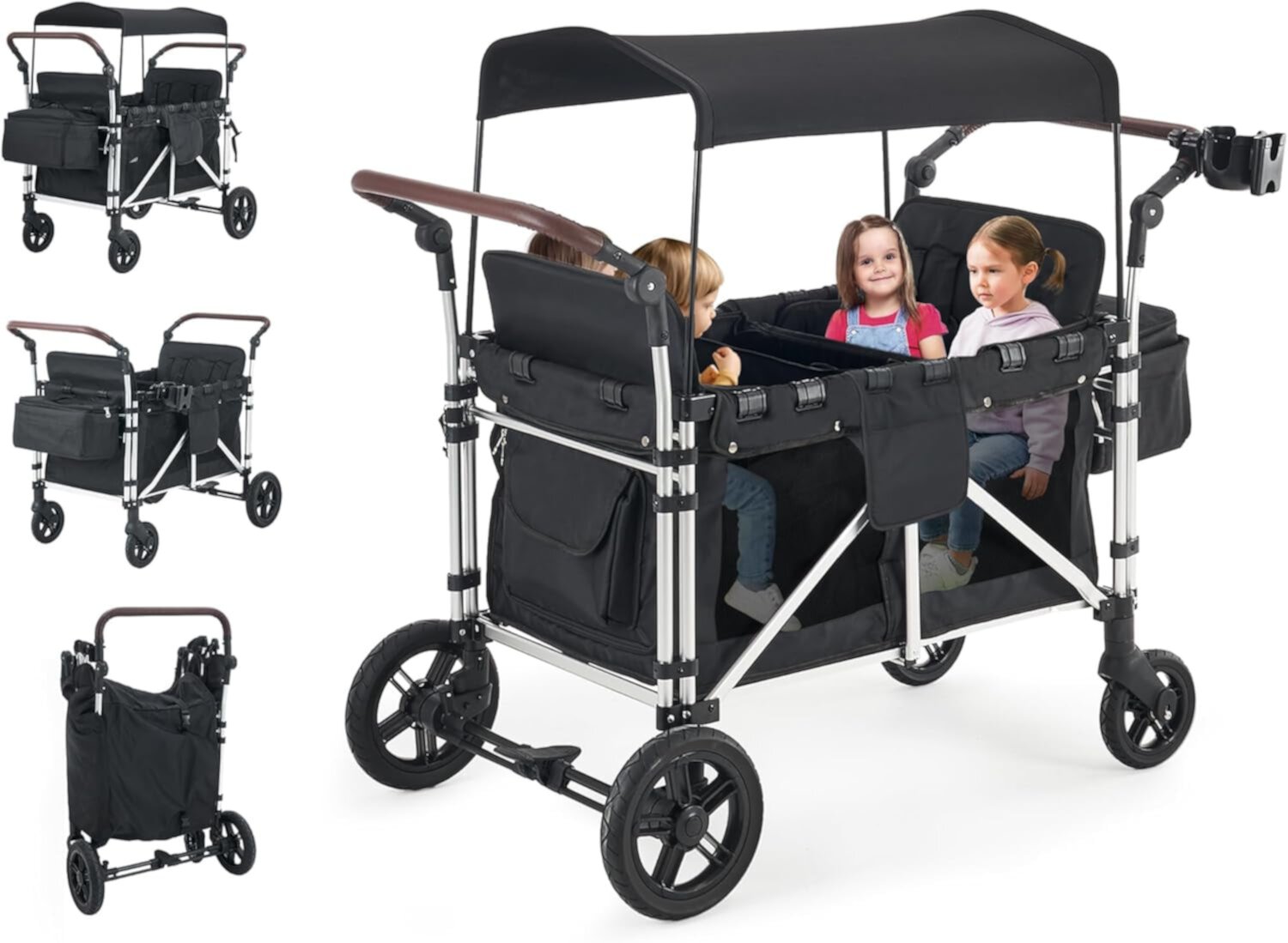 Stroller Wagon for 4 Kids, Linor Wagon Cart Featuring 4 High Seat with 5-Point Harnesses and Adjustable Canopy, Foldable Double Push Bar Wagon Stroller for Garden, Stroller, Camping (Black) Linor