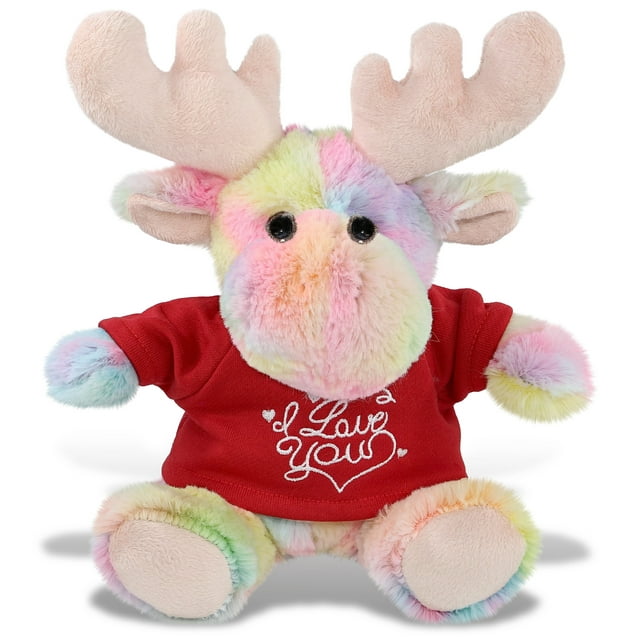 DolliBu I LOVE YOU Rainbow Moose Plush- Cute Stuffed Animal with Red Shirt For Special Occasions Like Valentine, Anniversary, Romantic Date, Boyfriend, or Girlfriend Gift - 9 inches Puzzled