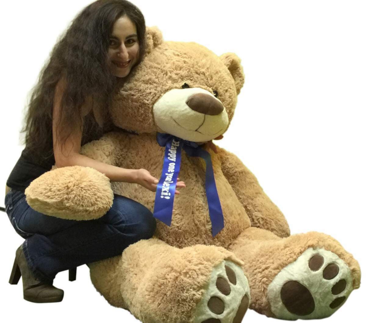 Custom Big Plush Giant Teddy Bear 5 Feet Tall - Your Name or Message Imprinted on Bear's Blue Neck Ribbon Bow - Tan Color with Bigfoot Paws Giant Stuffed Animal Bear Big Plush