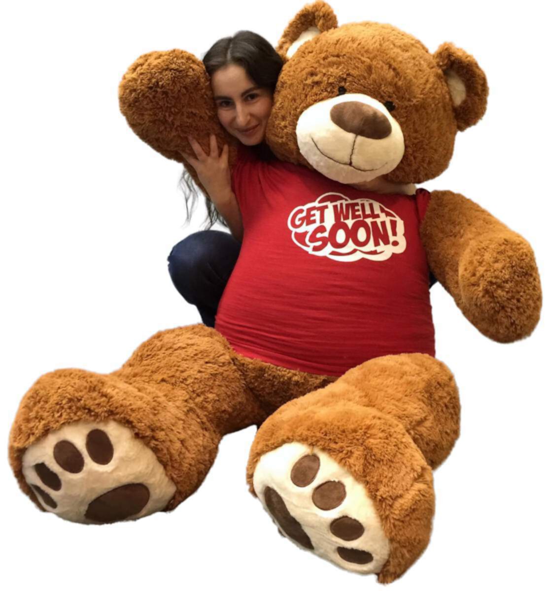 5 Foot Giant Teddy Bear 60 Inches Soft Cinnamon Brown Color Wears GET WELL SOON T-shirt Big Plush