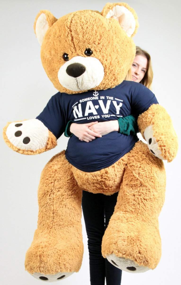 United States Navy Big Plush Giant Teddy Bear Five Feet Tall Honey Brown Color Wears Tshirt that says SOMEONE IN THE NAVY LOVES YOU Big Plush