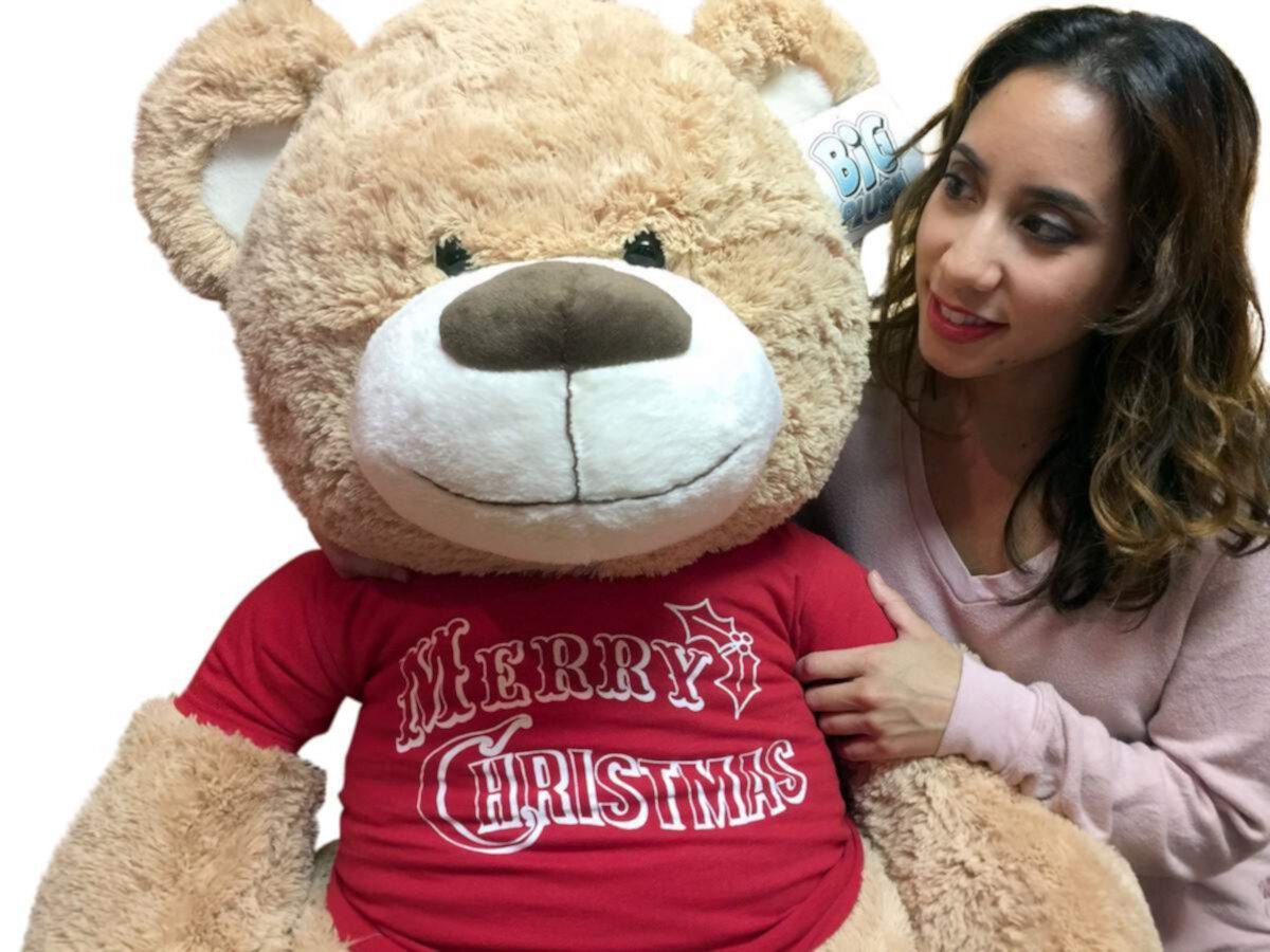 Big Plush 5 Foot Teddy Bear Tan Color Wears Removable Tshirt that says Merry Christmas Big Plush