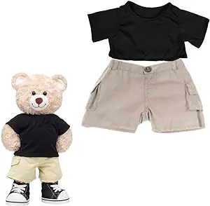 New Stuffed Animals Dress Up Black T-shirt & Cargo Shorts Outfit, Cute Build Bears Teddy Bears Clothes Fits Most 14"-18" Soft Toys Plush Gear