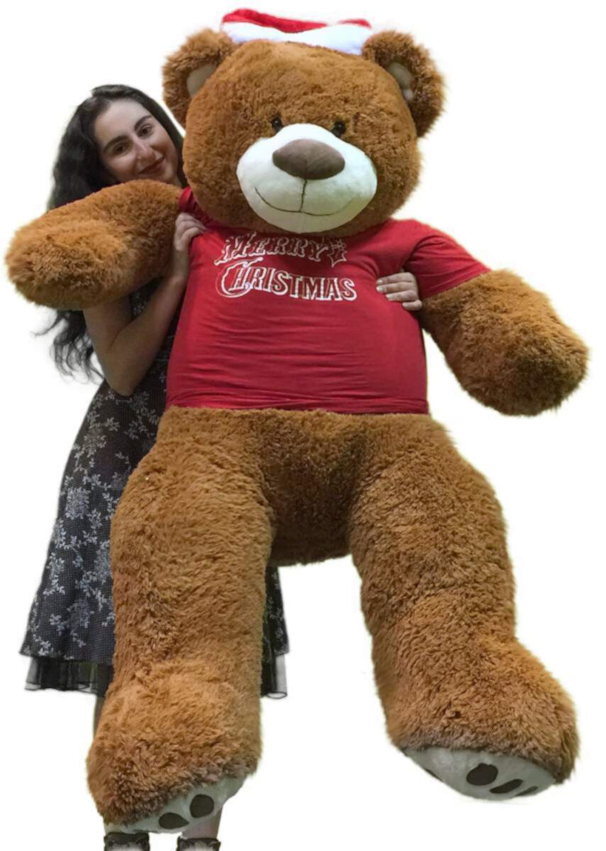 Merry Christmas 5 Foot Teddy Bear Wears Removable Red Holiday Tshirt, Soft Cookie Dough Brown Color Big Plush