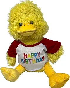 New Puddles the Duck Plush Toy In Happy Birthday T-Shirt with Red Sleeves - 16 Inch Duck Stuffed Animal, Cute & Soft Cuddly Birthday Teddy Bear, Gift for Kids, Birthday Decor, Party Favor Plush Gear