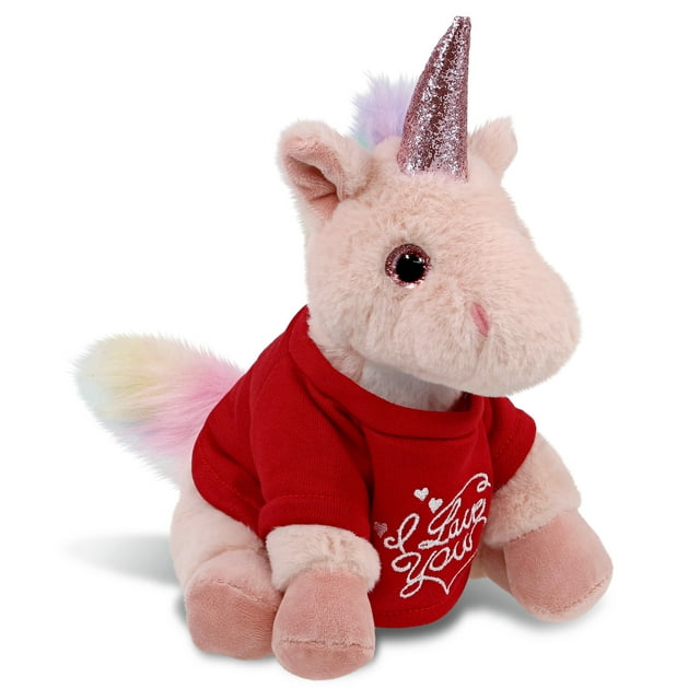 DolliBu I LOVE YOU Super Soft Pink Unicorn Plush- Cute Stuffed Pink Unicorn Animal with Red Shirt For Valentine, Anniversary, Romantic Date, Boyfriend, or Girlfriend Gift - 9 inches Puzzled