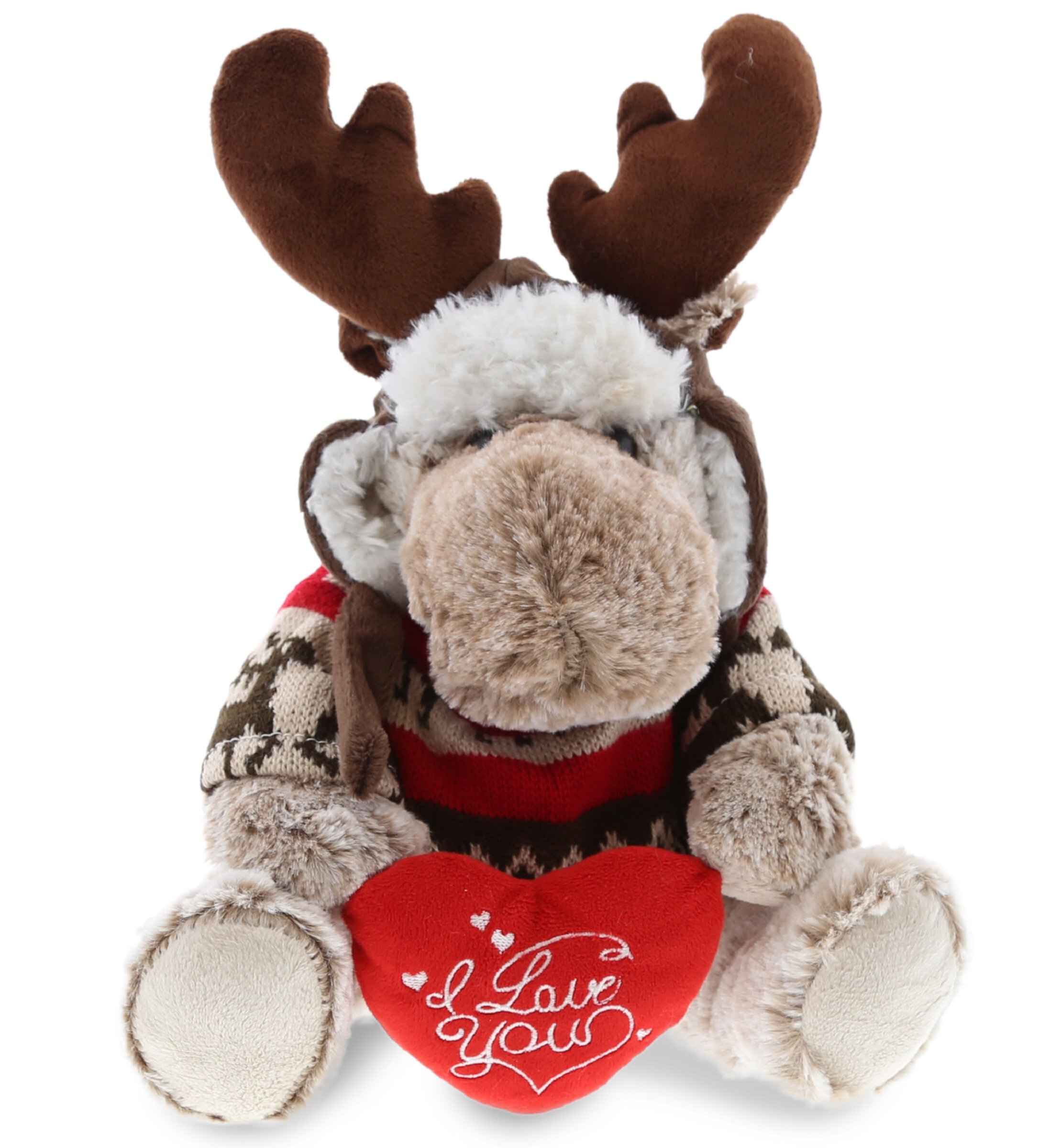 DolliBu I LOVE YOU Sitting Beige Moose Plush with Clothes – Cute Stuffed Animal with Heart Message for Valentines, Anniversary, Romantic Date, Boyfriend, Girlfriend Gift – 9 Inches Dollibu