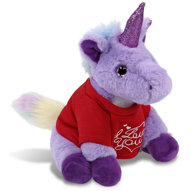 DolliBu I LOVE YOU Super Soft Purple Unicorn Plush- Cute Stuffed Purple Unicorn Animal with Red Shirt For Valentine, Anniversary, Romantic Date, Boyfriend, or Girlfriend Gift - 9 inches Puzzled