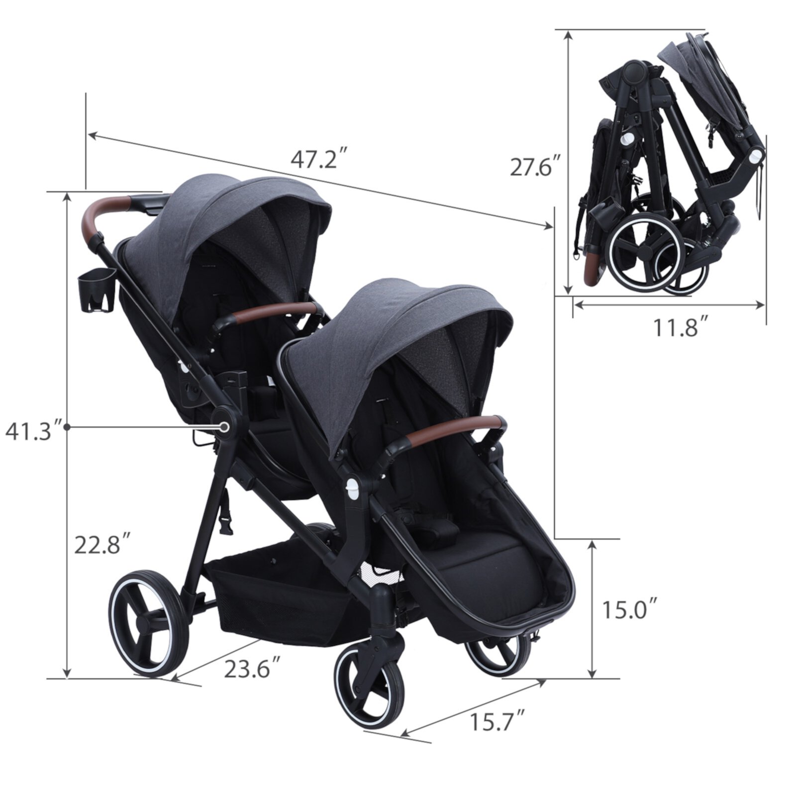 Foldable Twin Baby Double Stroller with Large Storage Basket and Canopy,Lightweight Travel Stroller Infant Pushchair,Dark Grey CuisinSmart