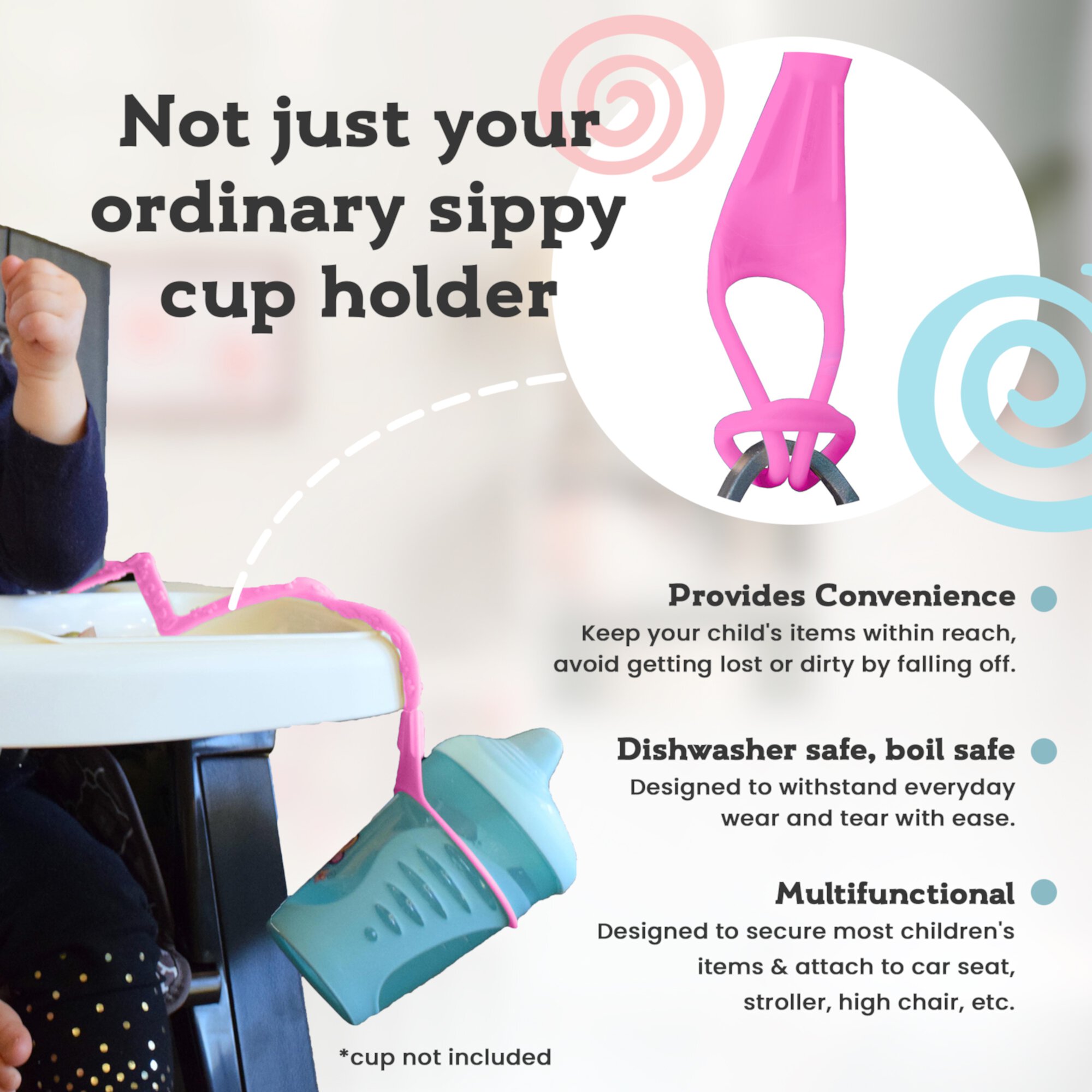 Sippy Cup Catcher Tether - Patented Safety Tether Attachment for Sippy Cups, Bottles, Toys and Pacifiers, Ideal for Fastening Items to Strollers, High Chairs, Car Seats and more (Lavender) Brilli Baby