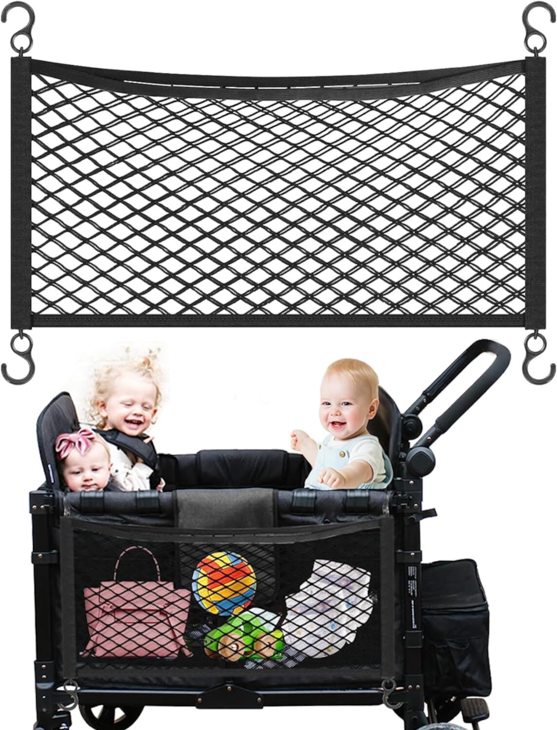 Black Stroller Wagon Cargo Net, Trianu Wagon Accessories Universal Fit Stroller Mesh Cargo Net and Organizer, Extra Large Stroller Storage Space (Compatible with WONDERFOLD All W-Series Models) Trianu