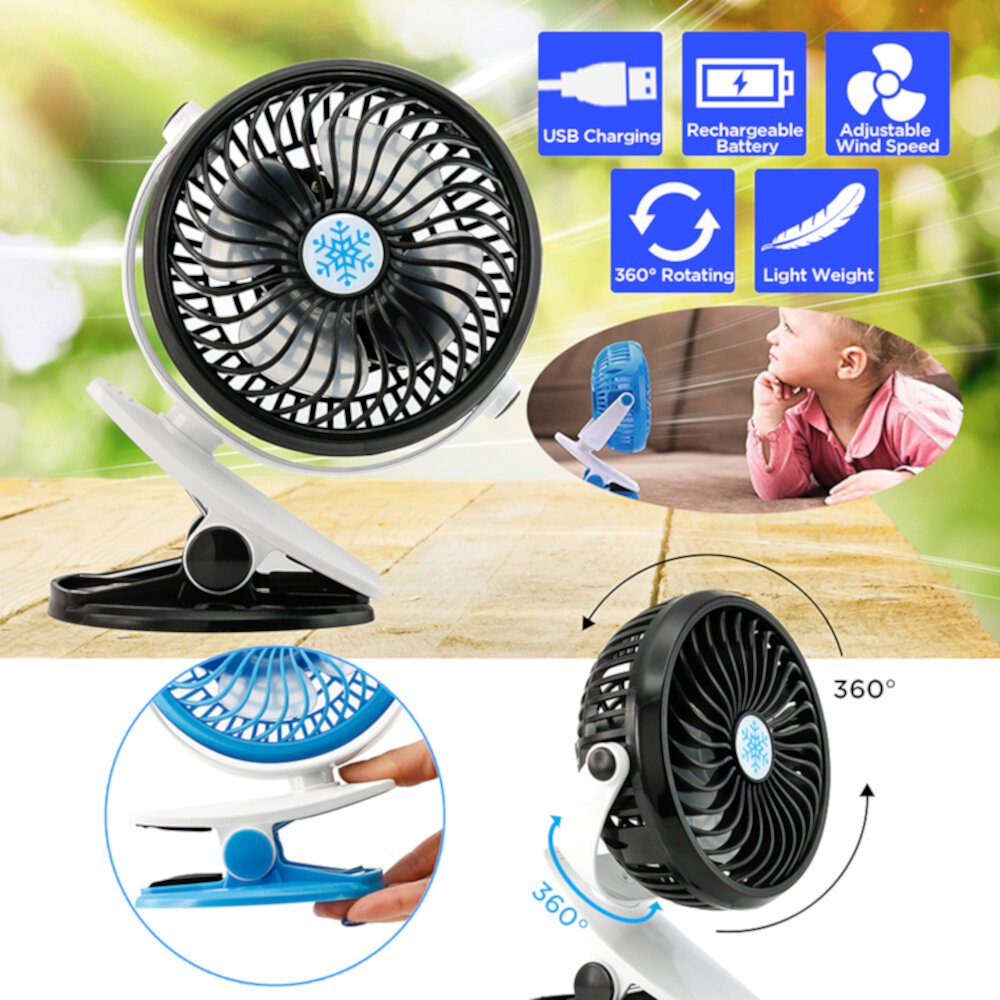 Portable Fan Rechargeable Battery USB Mini Rotation Clip On for Baby Stroller Car Camping Desk Oct17