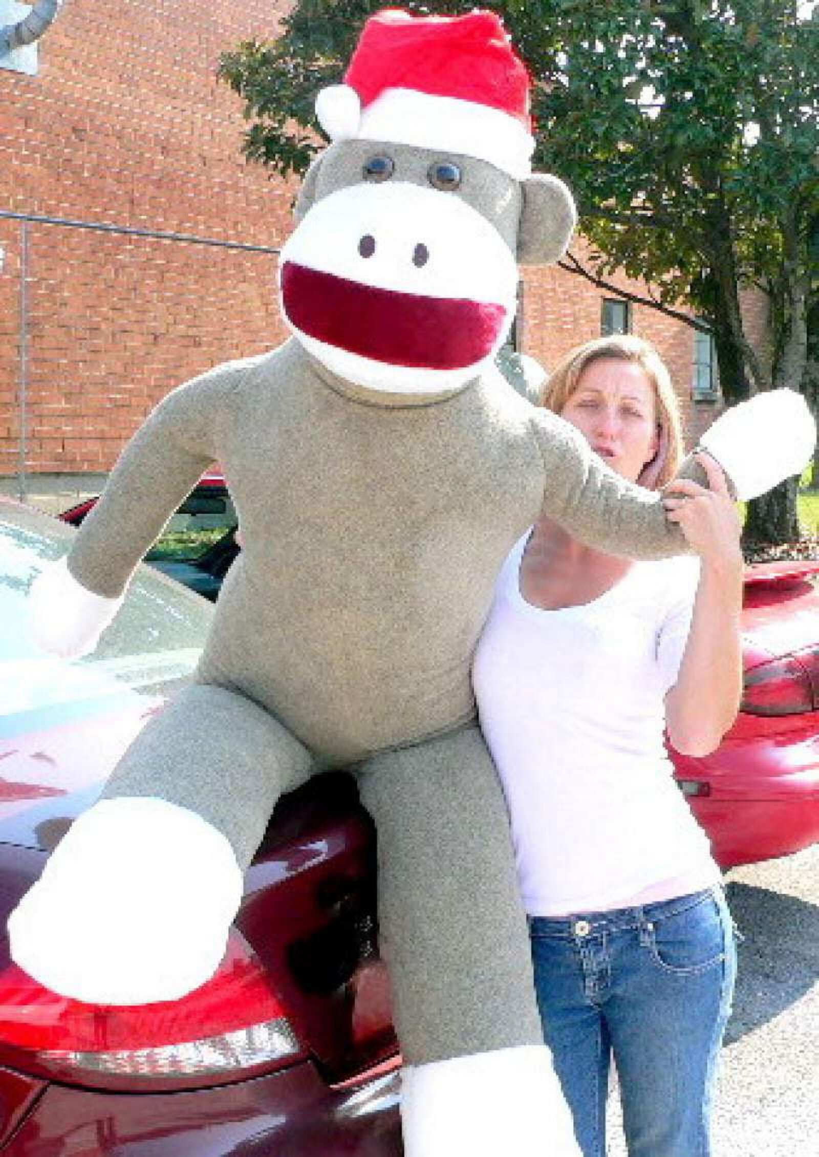 American Made Giant Sock Monkey Dressed for Christmas 6 Feet Tall wearing Santa Hat Stuffed Soft Made in USA Big Plush