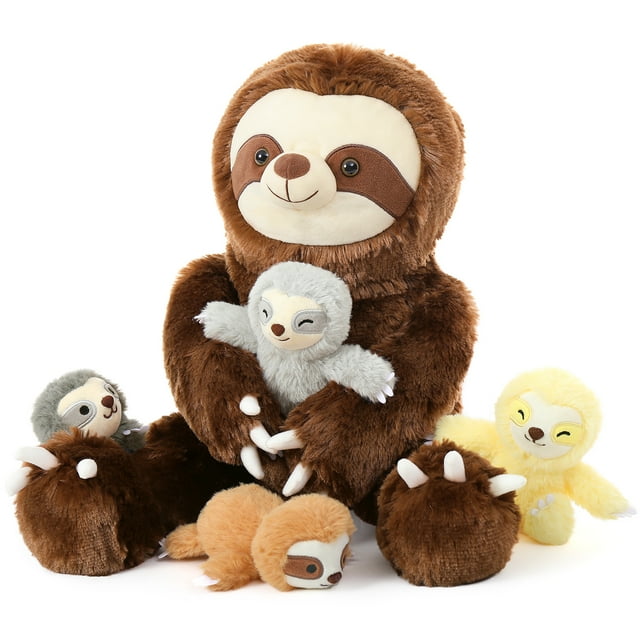 MorisMos 24" Sloth Stuffed Animal Mommy Sloth Plush Toy with 4 Baby Plush Toys Morismos