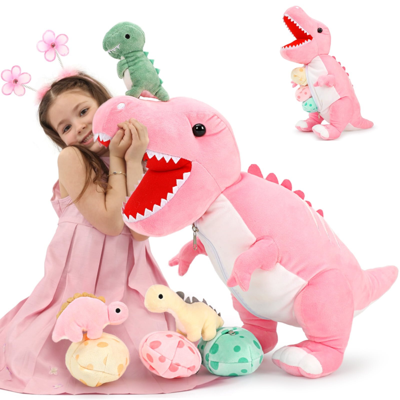 MorisMos 23.6" Pink Dinosaur Stuffed Animal Mommy Dinosaur with 3 Baby Plush Toys Visit the Morismos Store