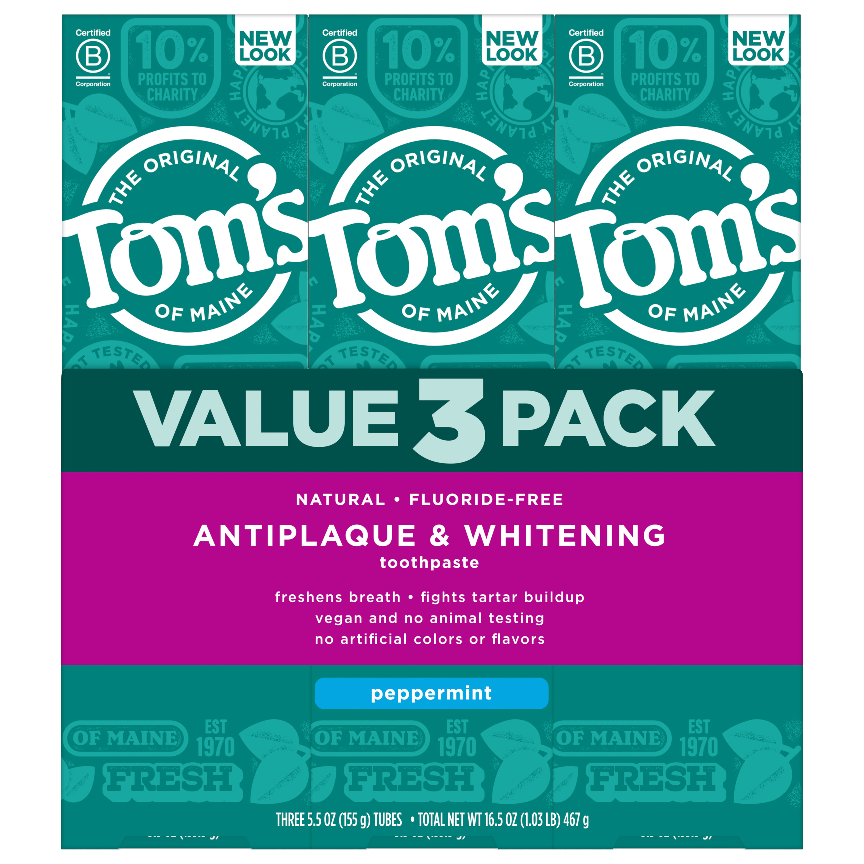 Tom's of Maine Fluoride-Free Antiplaque & Whitening Natural Toothpaste, Peppermint, 5.5 oz. 3-Pack Tom's of Maine