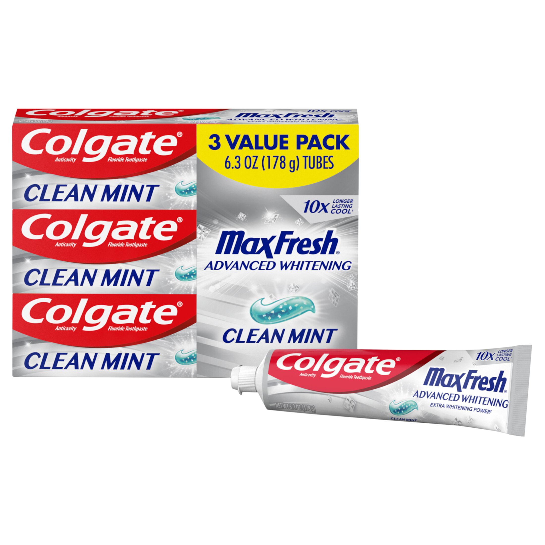 Colgate Max Fresh Toothpaste, Advanced Whitening Toothpaste with Mini Breath Strips, Clean Mint, 3 Pack, 6.3 Oz Tubes Colgate