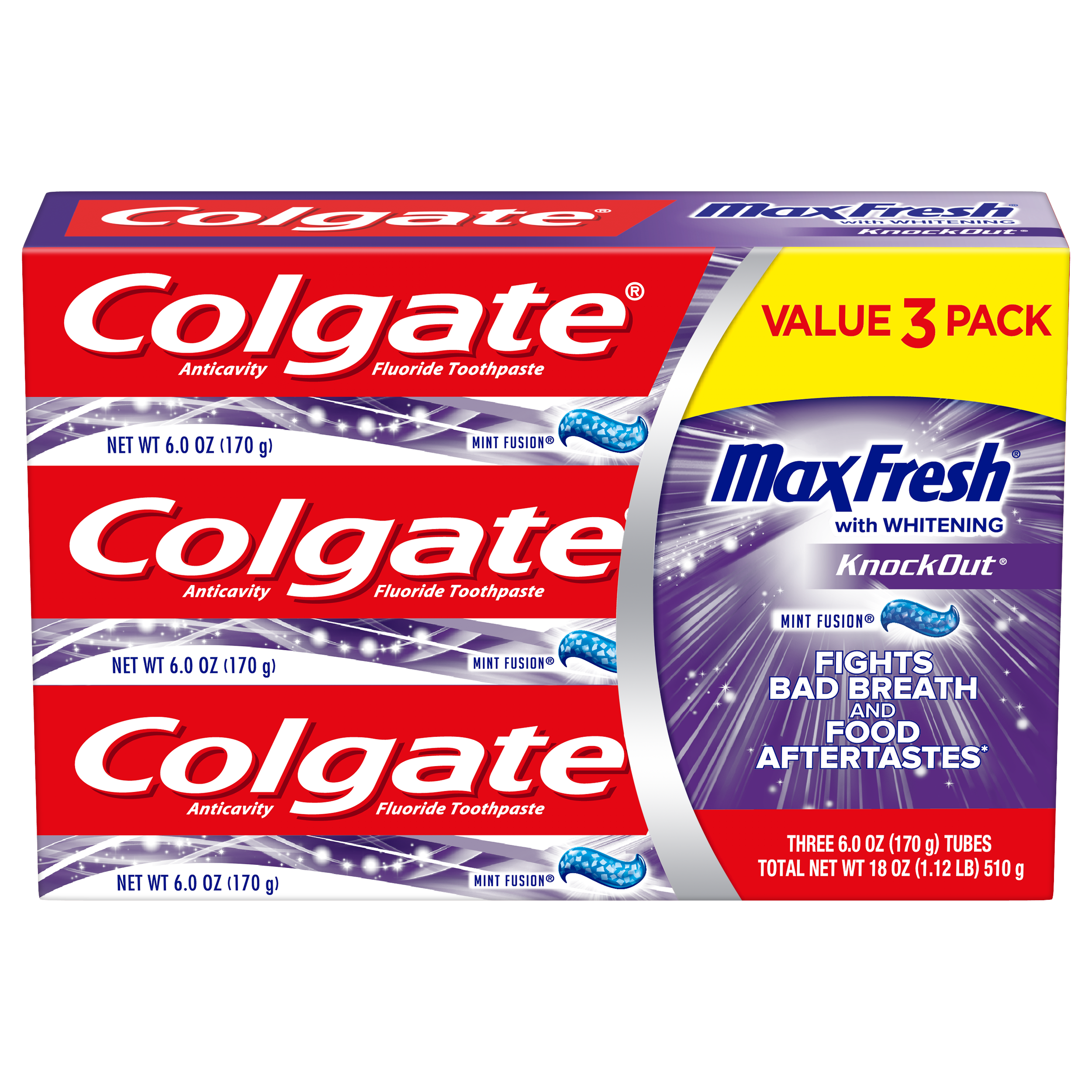 Colgate MaxFresh KnockOut Whitening Toothpaste with Mini Breath Strips, Mint Fusion, 6 Oz, 3 Ct Colgate