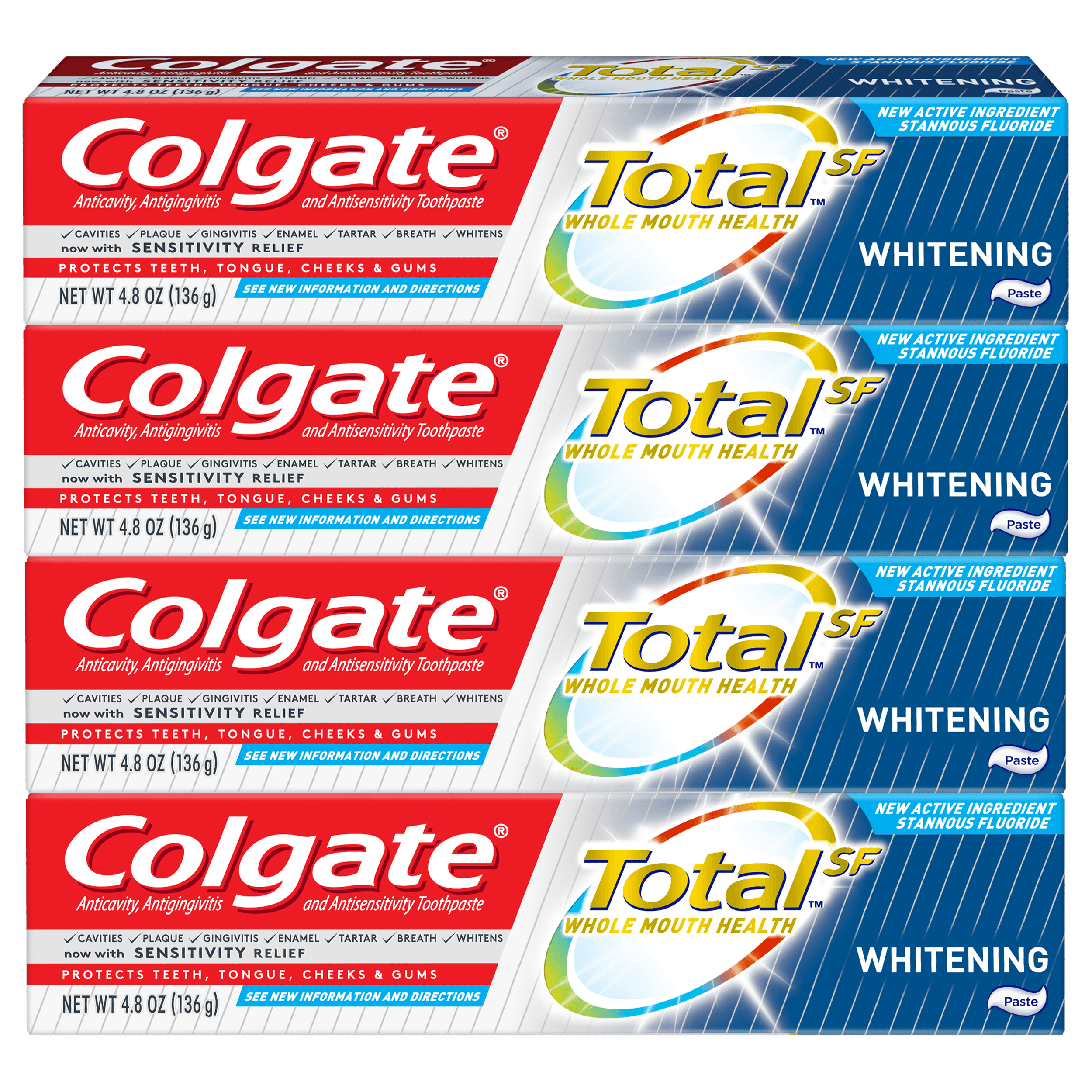 Colgate Total Whitening Toothpaste with Fluoride, Multi Benefit Toothpaste with Sensitivity Relief, 4.8 Oz, 4 Ct Colgate