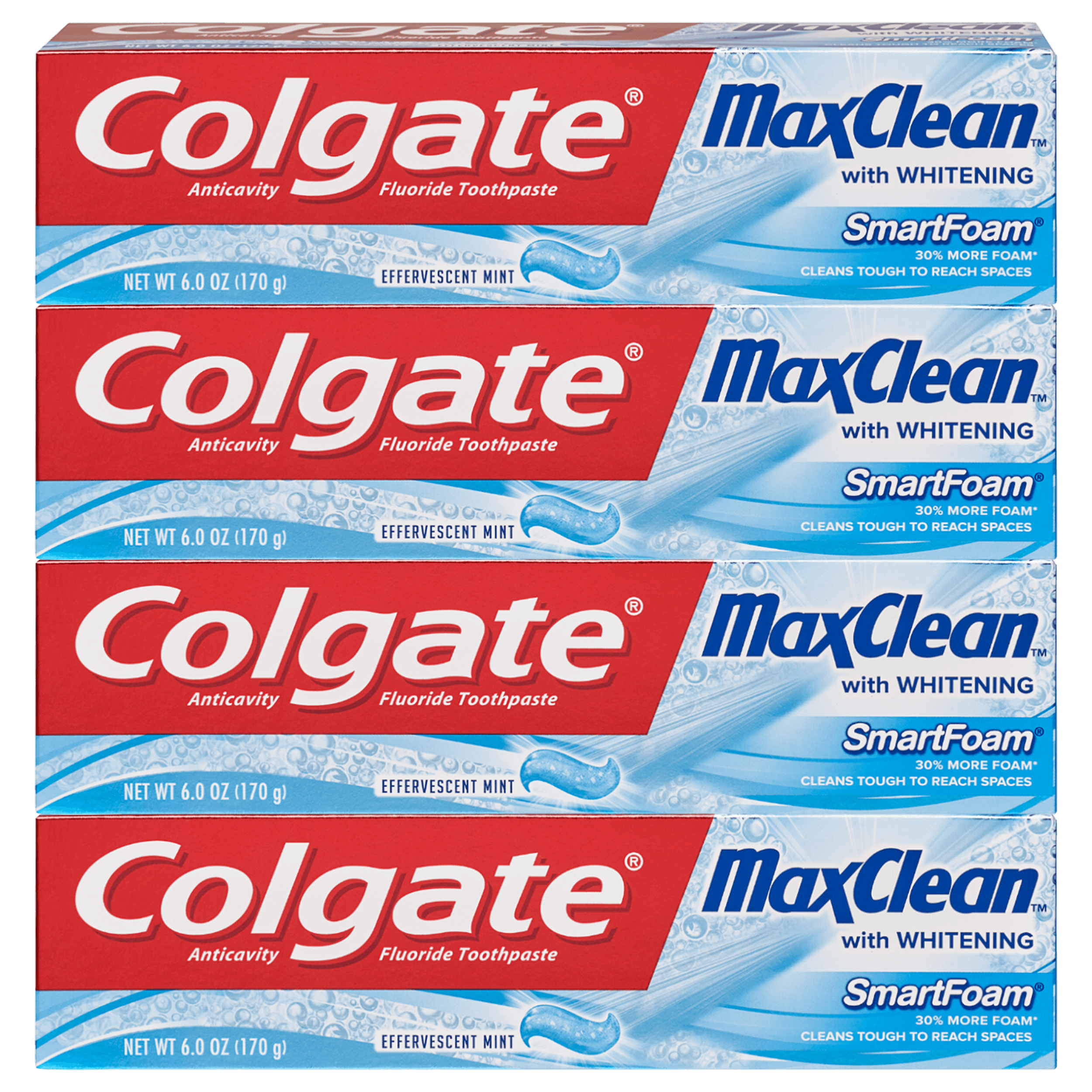 Colgate Max Clean with Whitening Foaming Toothpaste, Effervescent Mint - 6 Ounce (4 Count) Colgate