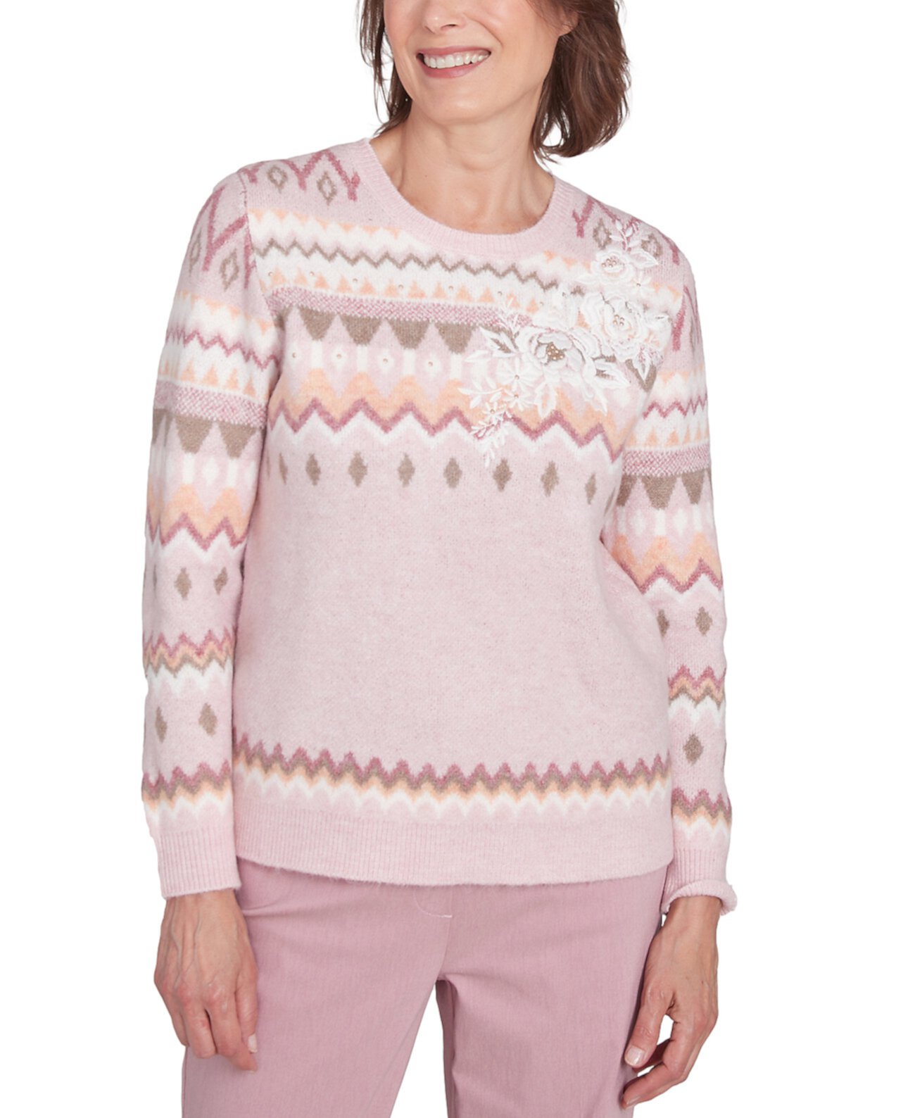 Женский Свитер Alfred Dunner Petite Telluride Floral Embroidered Fair Isle Alfred Dunner