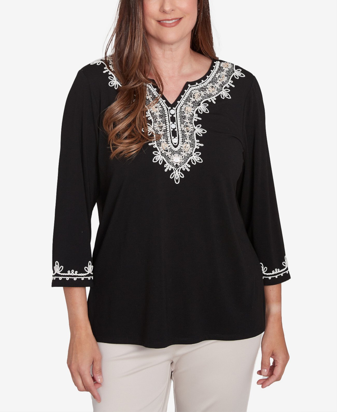 Женская Блузка Alfred Dunner Petite Crew Neck Embroidered Top Alfred Dunner