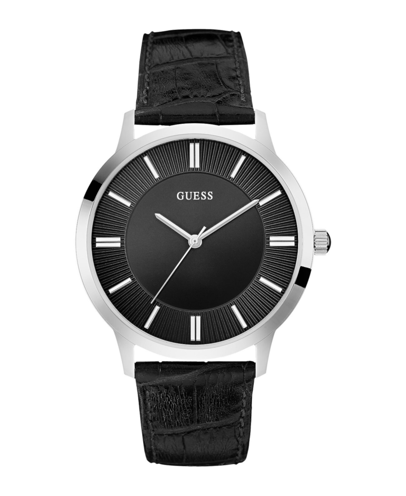 Механические часы GUESS Мужские аналоговые черные кожаные, 44mm GUESS