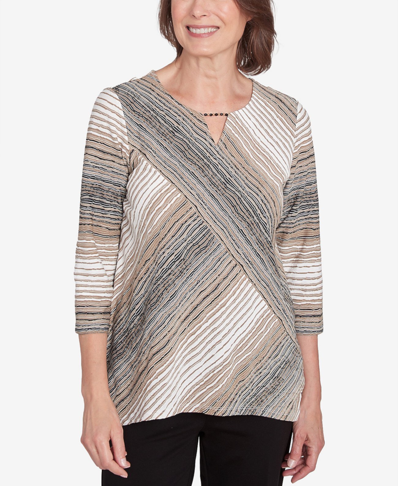 Женская Блузка Alfred Dunner Romancing the Stone Neutral Spliced Textured Stripe Top Alfred Dunner