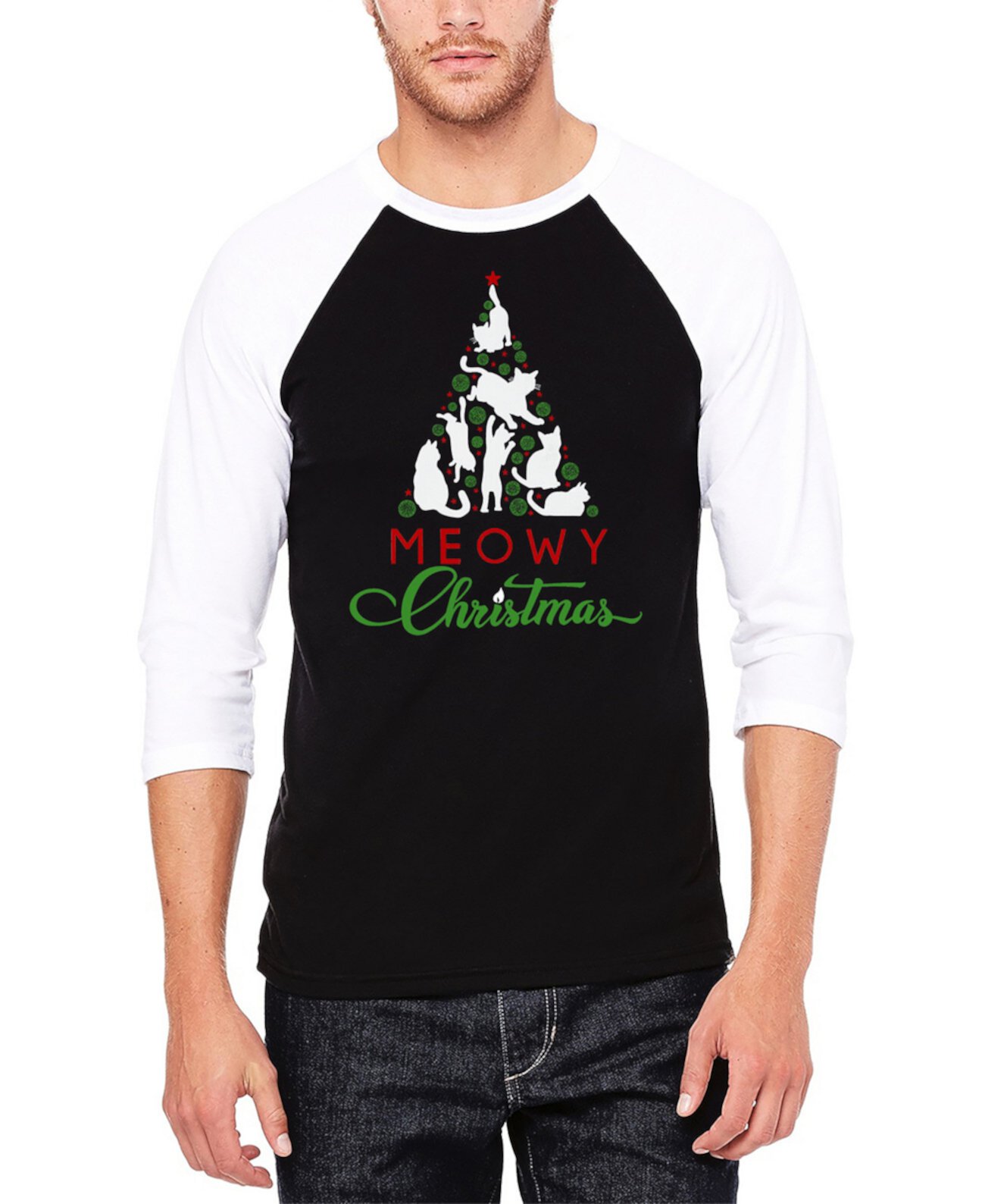 Мужская Повседневная рубашка LA Pop Art Meowy Christmas Tree Raglan Baseball Word Art LA Pop Art