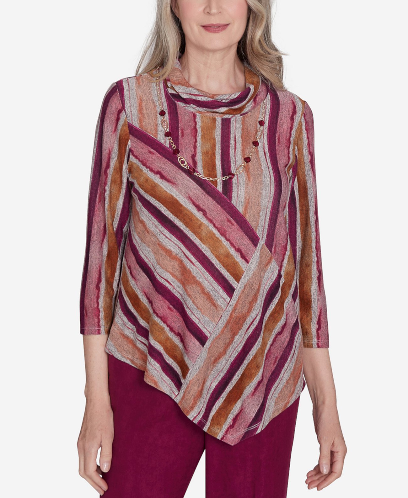 Женская Блузка Alfred Dunner Petite Wine Country Spliced Stripe Necklace Top Alfred Dunner