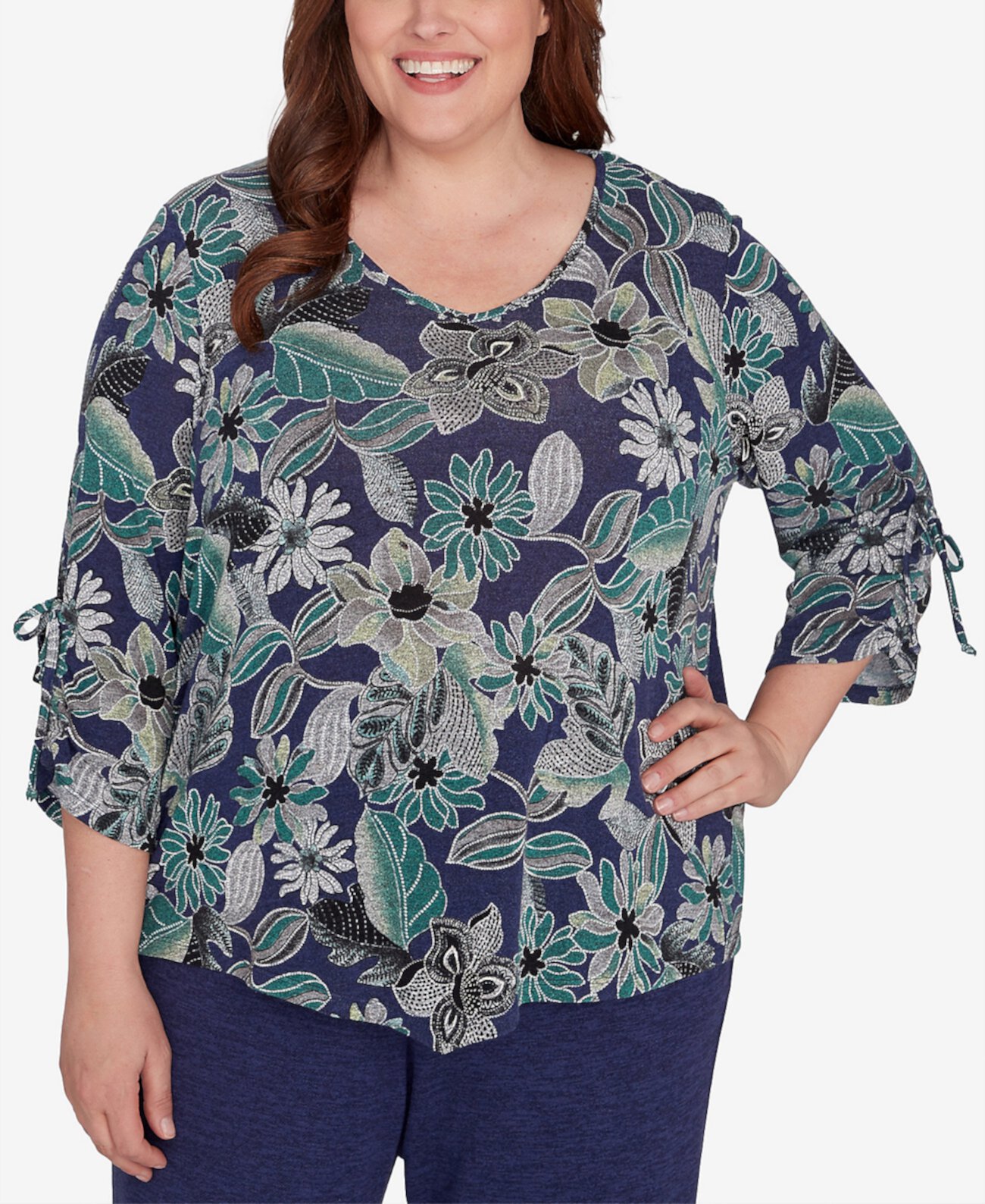 Женская Блузка Alfred Dunner Plus Size French Quarter Floral Puff Print Drawstring Top Alfred Dunner