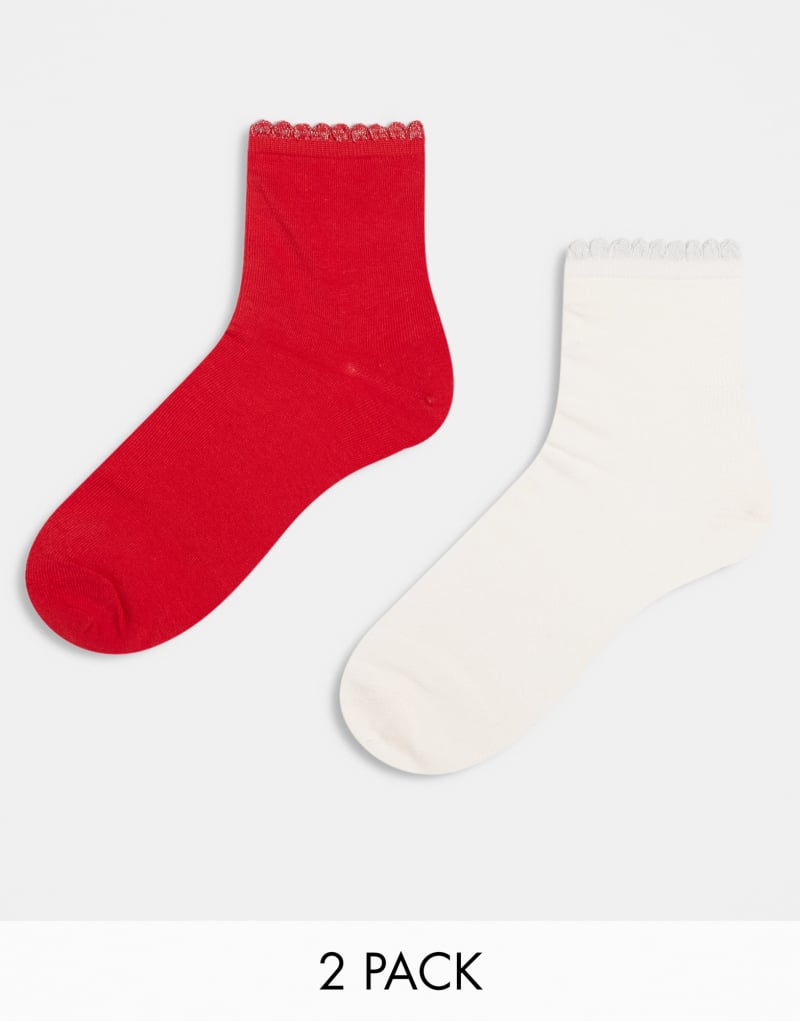 Cotton On wide cuff socks 2 pack in pearl / red COTTON ON